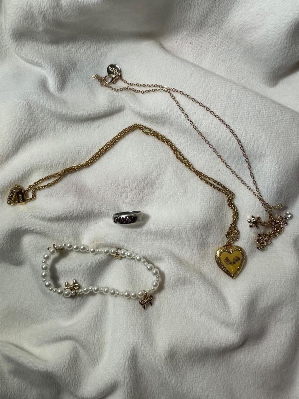 Heritage Gold Heart Pendant Necklace with Pearl Bracelet and Silver Ring Accent